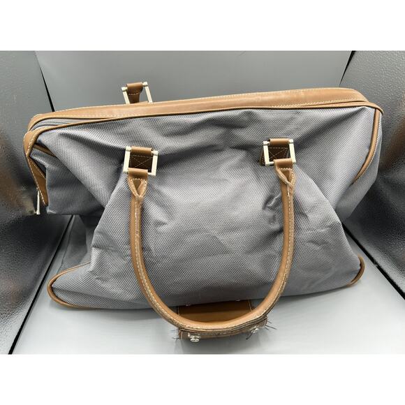 Tommy Hilfiger Canvas Duffel Tote Bag Gray Tan Leather Trim Striped Travel - Picture 2 of 5